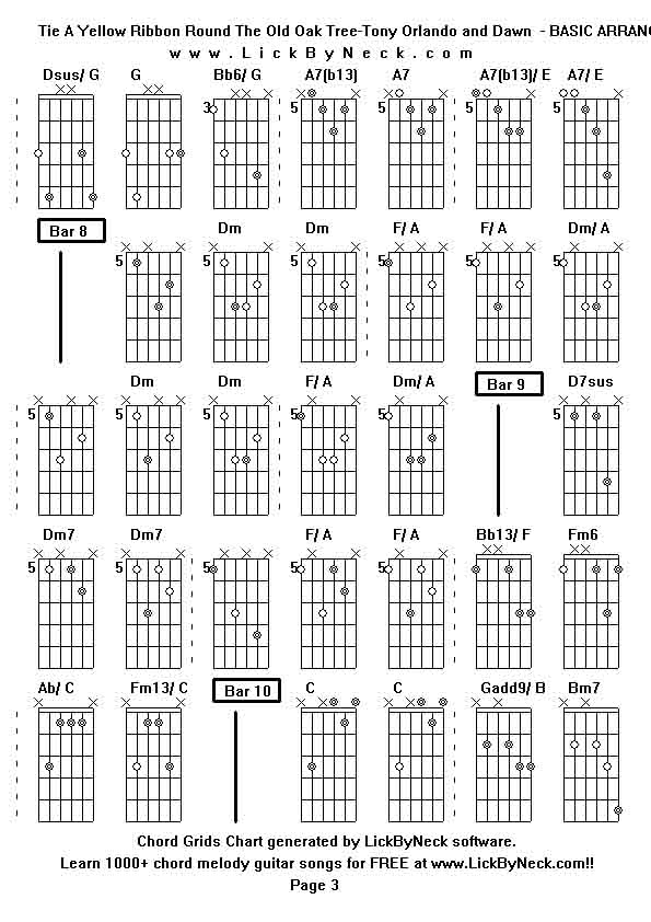 Chord Grids Chart of chord melody fingerstyle guitar song-Tie A Yellow Ribbon Round The Old Oak Tree-Tony Orlando and Dawn  - BASIC ARRANGEMENT,generated by LickByNeck software.